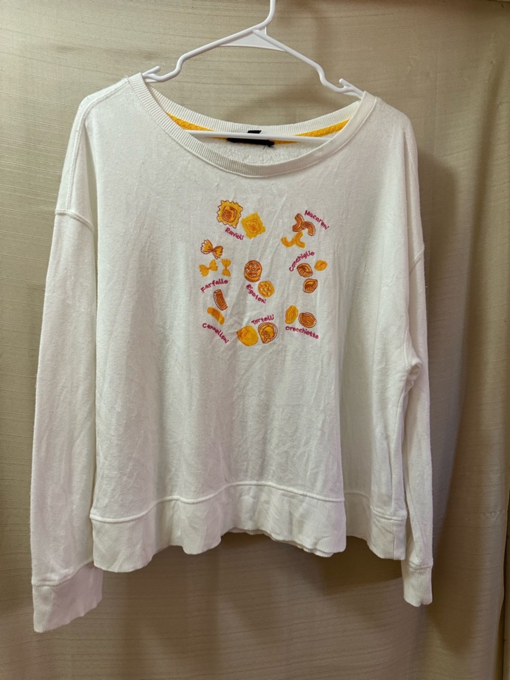 Jane & Delancey Pasta Graphic Sweatshirt White Long Sleeve Cozy Top Size L